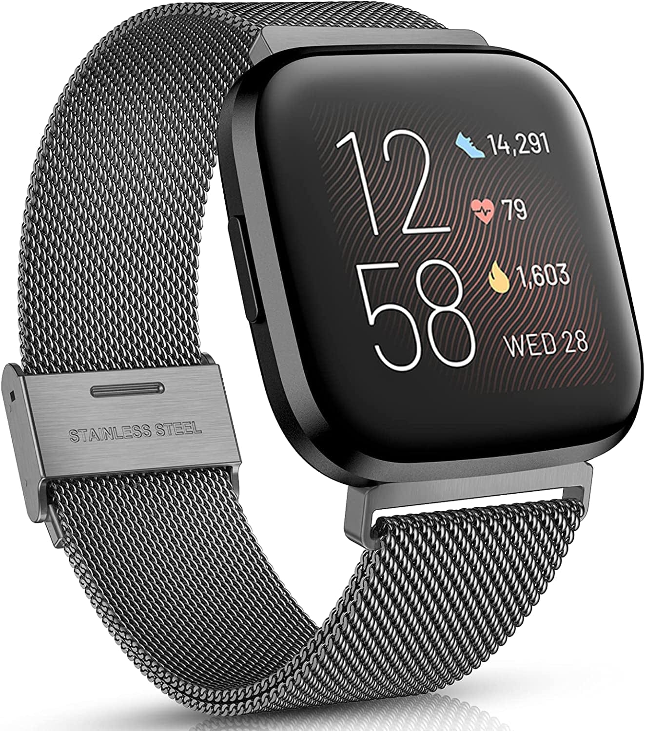 Maledan Metal Band Compatible with Fitbit Versa/Versa 2 Bands for Men Women, Adjustable Stainless Steel Mesh Loop Replacement Accessories for Versa 2/Versa Lite/Versa Smart Watch, Black