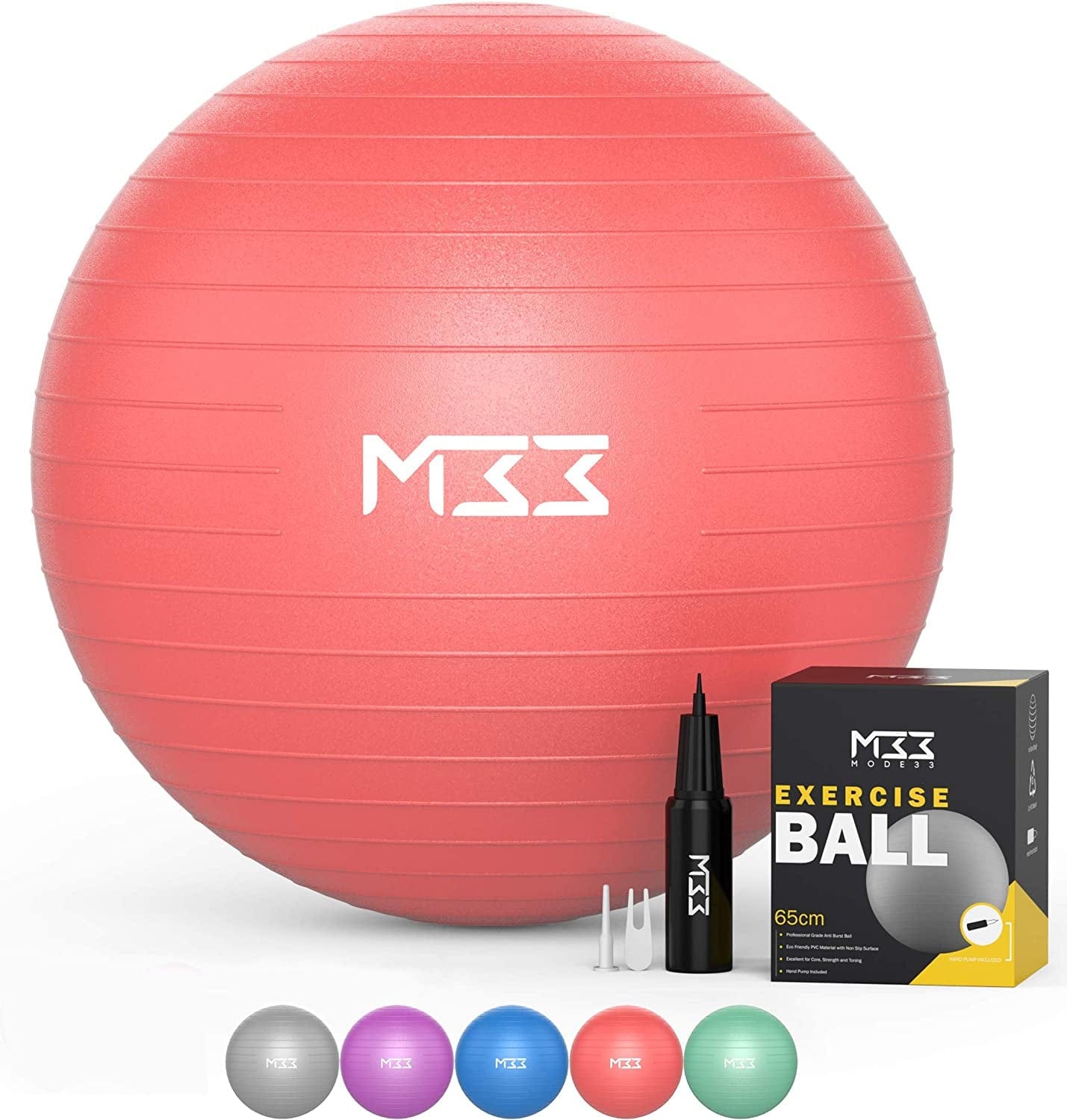 Mode33 Exercise Ball - 55 to 85Cm Extra Thick Anti-Burst Yoga Ball with Hand Pump - Gym Ball for Fitness, Pilates, Pregnancy, Labour, Birthing Ball, Swiss Ball – Multiple Colours