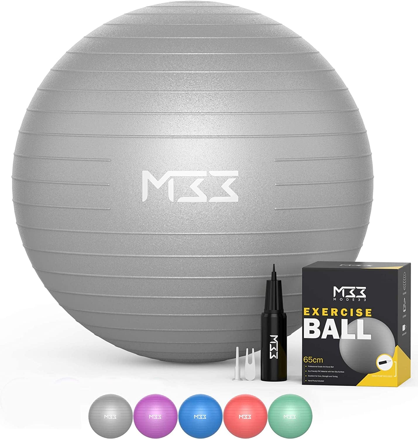 Mode33 Exercise Ball - 55 to 85Cm Extra Thick Anti-Burst Yoga Ball with Hand Pump - Gym Ball for Fitness, Pilates, Pregnancy, Labour, Birthing Ball, Swiss Ball – Multiple Colours