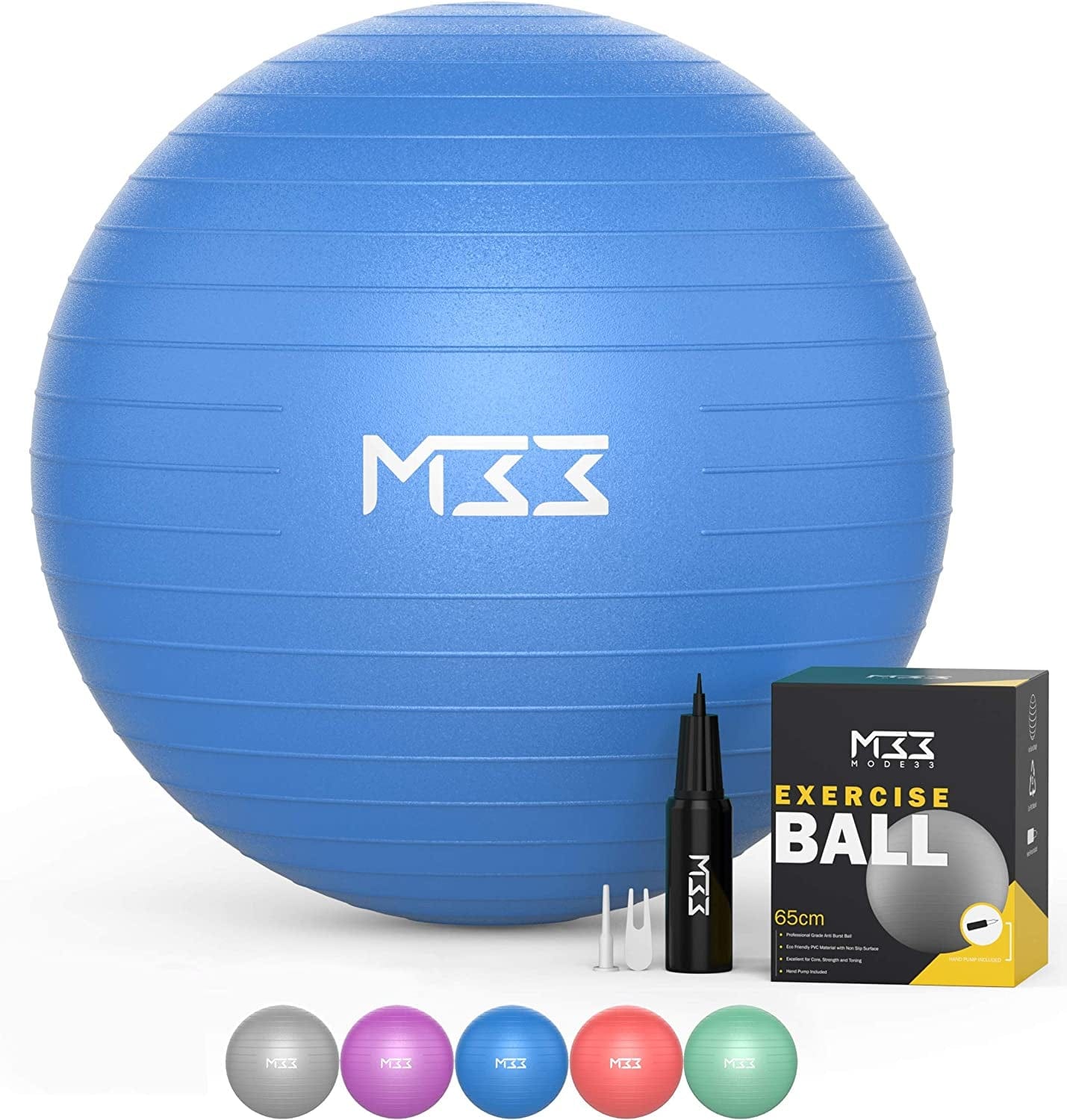 Mode33 Exercise Ball - 55 to 85Cm Extra Thick Anti-Burst Yoga Ball with Hand Pump - Gym Ball for Fitness, Pilates, Pregnancy, Labour, Birthing Ball, Swiss Ball – Multiple Colours