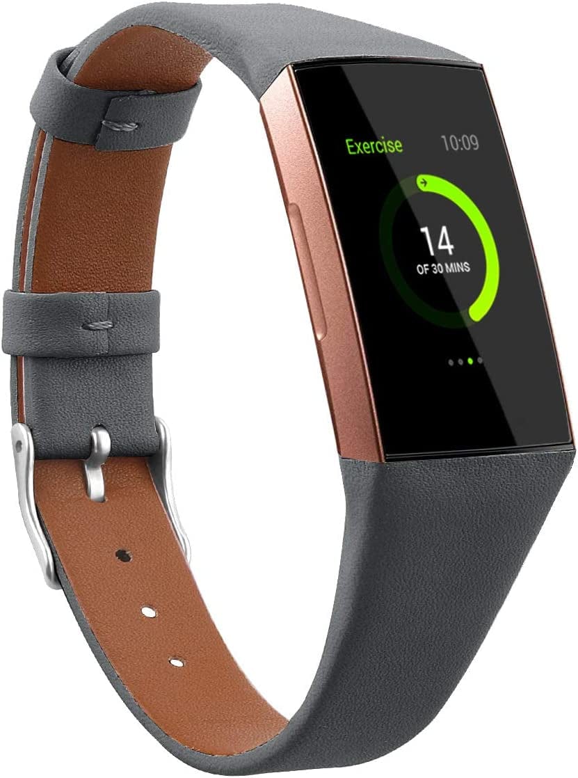 Mtozon Leather Bands Compatible with Fitbit Charge 3/Charge 4, Replacement Accessories Slim Wristband Straps for Women Men, Black + Brown Small