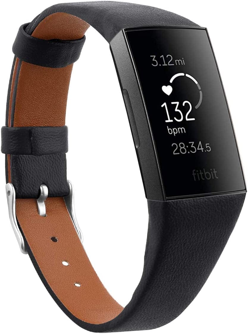 Mtozon Leather Bands Compatible with Fitbit Charge 3/Charge 4, Replacement Accessories Slim Wristband Straps for Women Men, Black + Brown Small