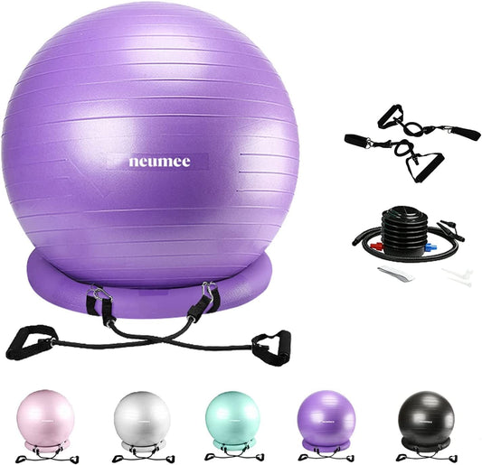 NEUMEE Exercise Ball Chair with Resistance Bands, Yoga Ball Office Chair with Stability Base for Home Gym, Workout Ball for Fitness, Large Size 65 Cm