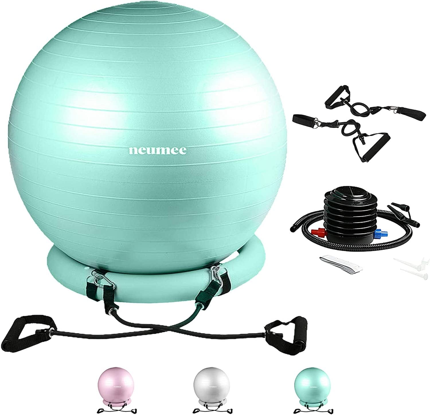 NEUMEE Exercise Ball Chair with Resistance Bands, Yoga Ball Office Chair with Stability Base for Home Gym, Workout Ball for Fitness, Large Size 65 Cm