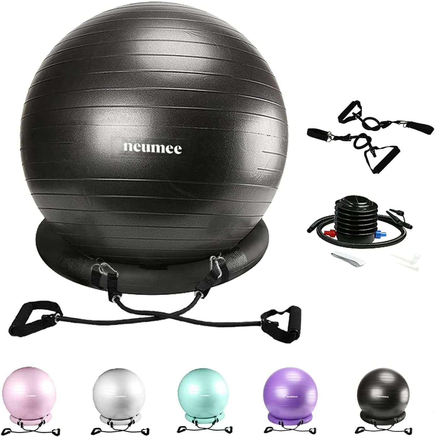 NEUMEE Exercise Ball Chair with Resistance Bands, Yoga Ball Office Chair with Stability Base for Home Gym, Workout Ball for Fitness, Large Size 65 Cm