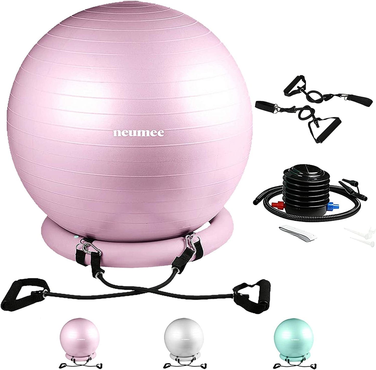 NEUMEE Exercise Ball Chair with Resistance Bands, Yoga Ball Office Chair with Stability Base for Home Gym, Workout Ball for Fitness, Large Size 65 Cm