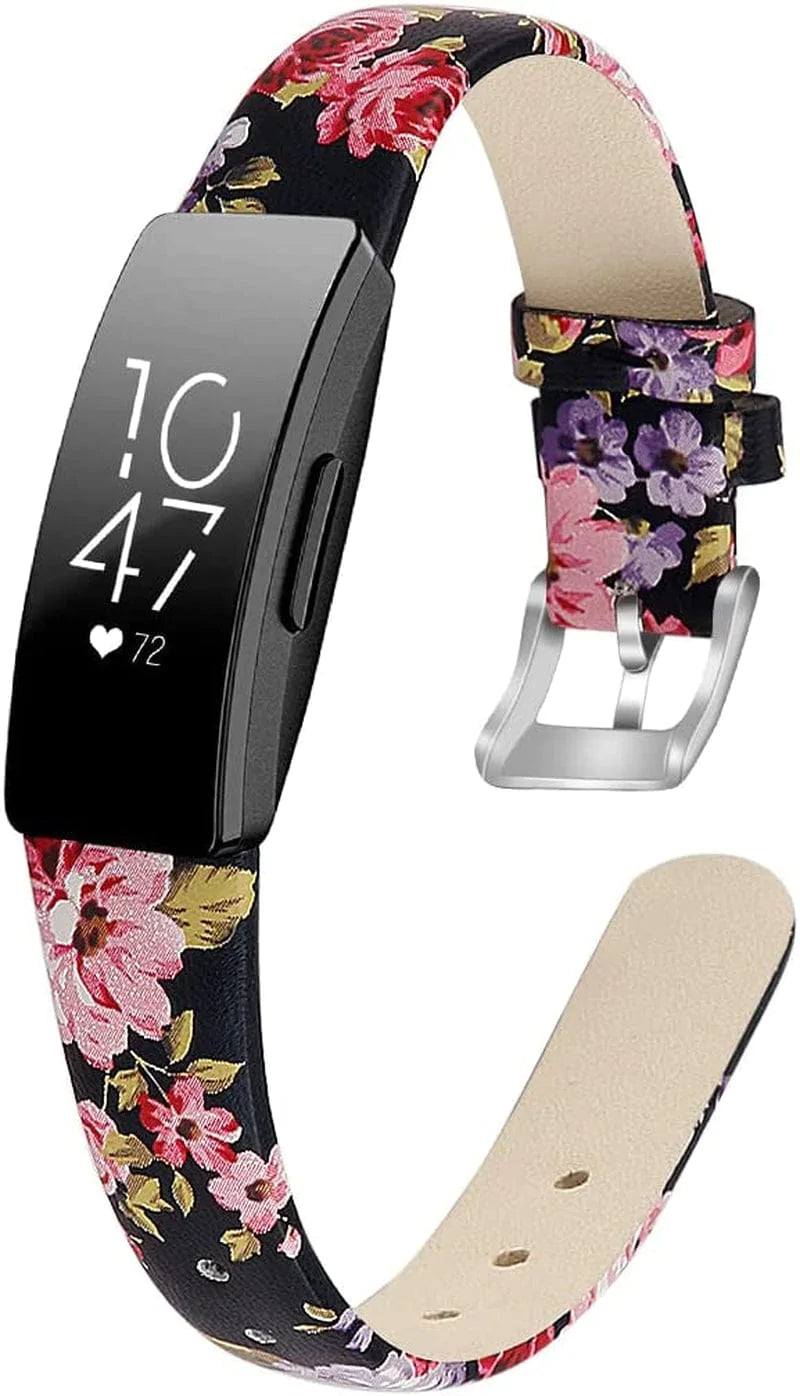 OCEBEEC Compatible for Fitbit Inspire 2 / Inspire Hr/Inspire Bands for Women Men, Genuine Leather Slim Soft Strap Wristbands Accessories Replacement for Fitbit Inspire Fitness Tracker（Floral 2）