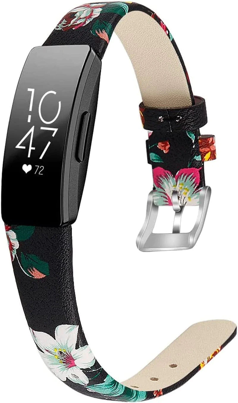OCEBEEC Compatible for Fitbit Inspire 2 / Inspire Hr/Inspire Bands for Women Men, Genuine Leather Slim Soft Strap Wristbands Accessories Replacement for Fitbit Inspire Fitness Tracker（Floral 2）