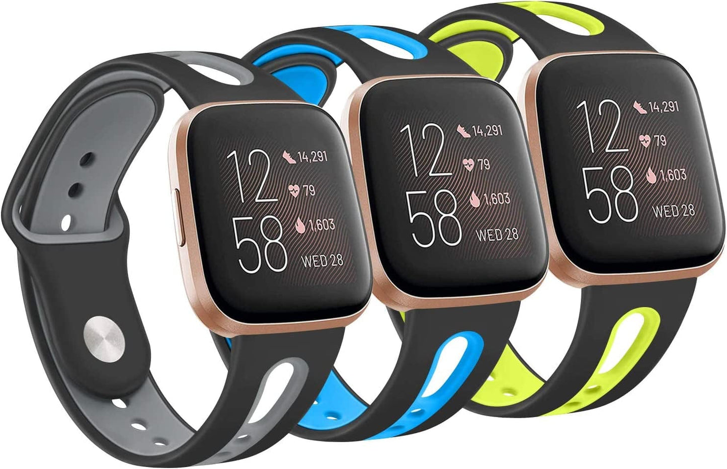 [PACK 3] Silicone Bands Compatible with Fitbit Versa 2 / Fitbit Versa/Versa Lite/Versa SE, Soft Breathable Replacement Wristbands Accessories for Women Men (Large, Black/Gray+Black/Green+Black/Blue)