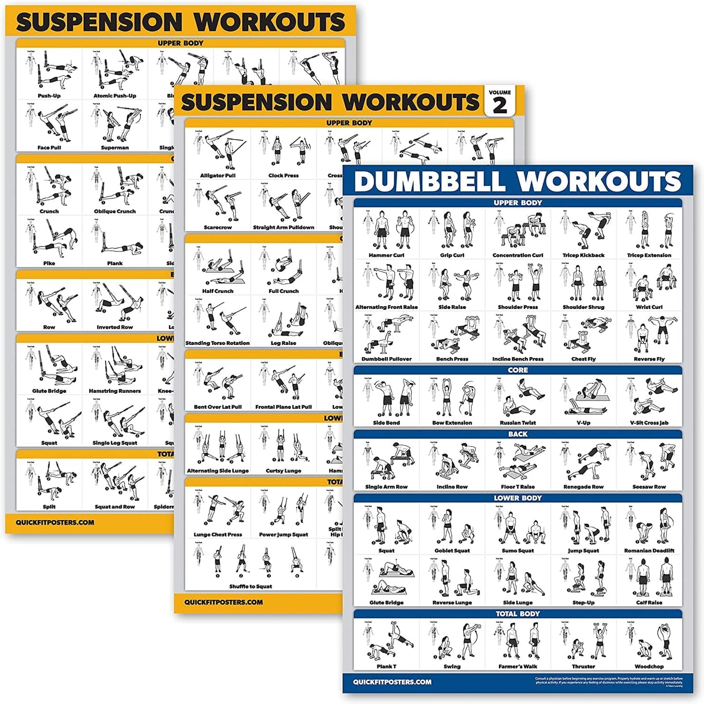 Palace Learning 3 Pack - Suspension Workout Posters - Volume 1 & 2 + Dumbbell Exercises Poster Set - Set of 3 Workout Charts