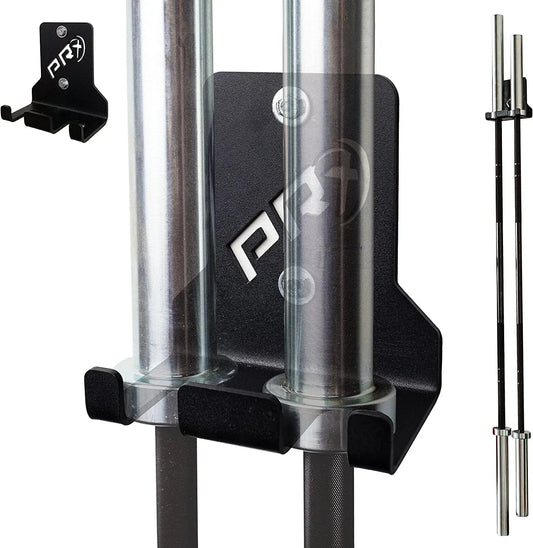 Prx Performance Double Barbell Storage Wall Mounted Hanging 2 Bar Holder USA Made American Black Powder Coated Space Saving Commercial or Home Gym Workout Fitness Equipment Accessory