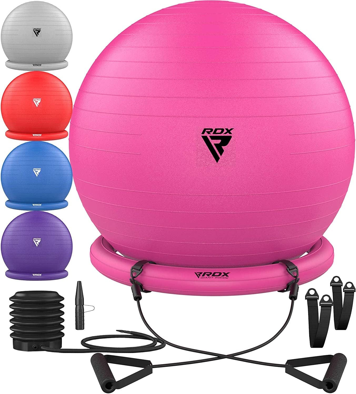 RDX Exercise Ball Chair with Resistance Band Stability Base Ring Quick Pump, Anti-Burst PVC Swiss Ball Yoga Pilates Fitness Balance Handles Birthing Pregnancy Gym Home Workout Training Support 250Kgs