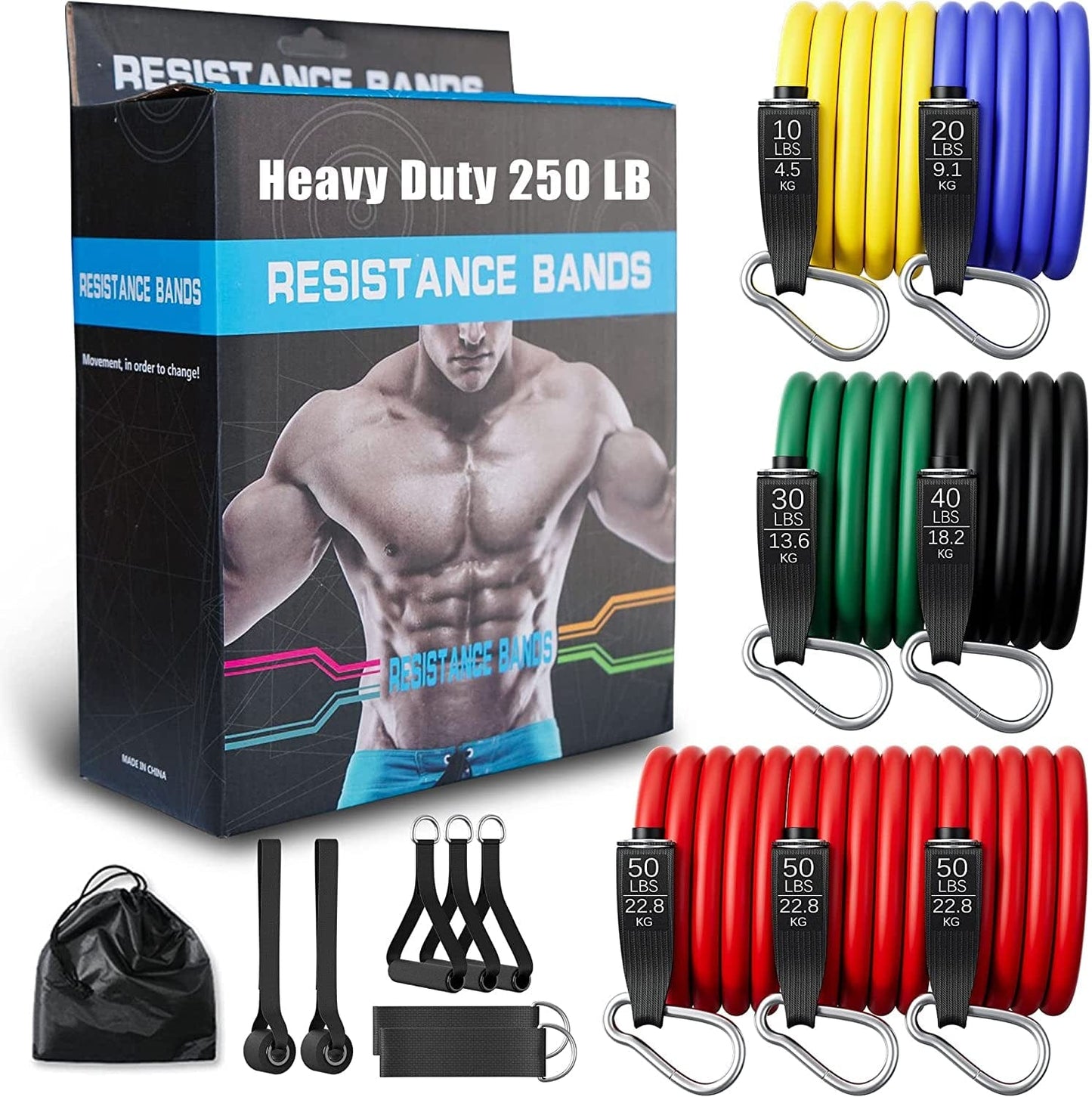 Resistance Bands Set, Heavy Duty 250/200/150Lb Stackable Exercise Bands with Handles, Door Anchor, Ankle Straps