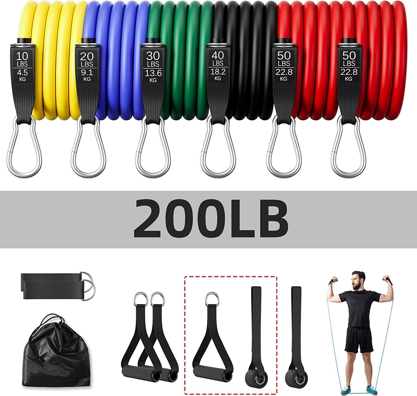 Resistance Bands Set, Heavy Duty 250/200/150Lb Stackable Exercise Bands with Handles, Door Anchor, Ankle Straps