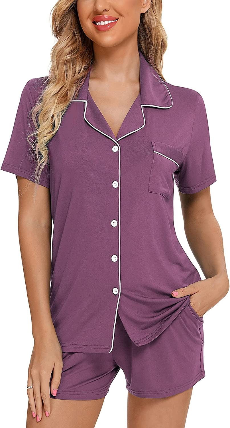 Samring Women'S Button down Pajama Set V-Neck Short Sleeve Sleepwear Soft Pj Sets S-XXL