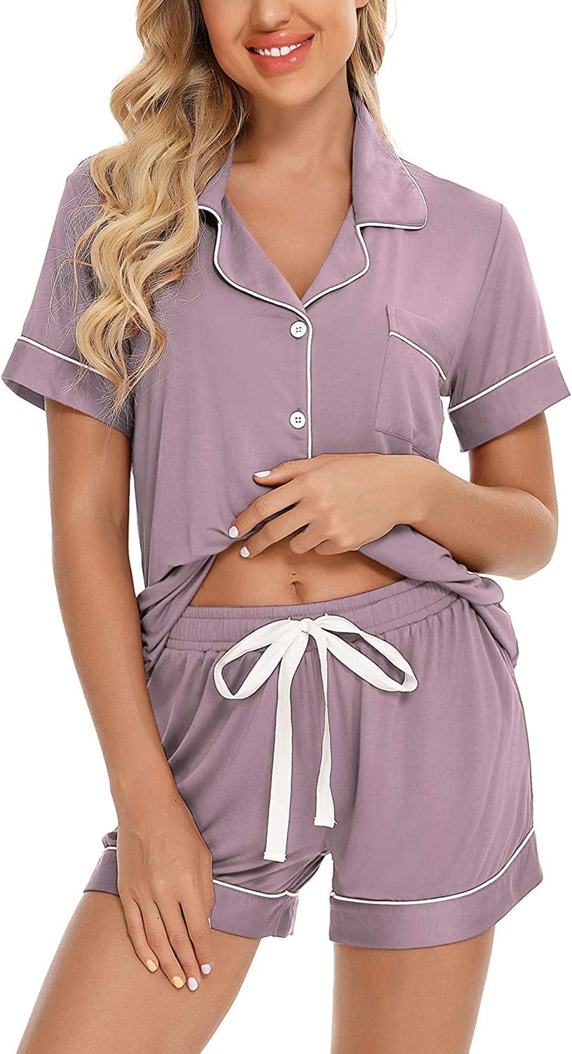 Samring Women'S Button down Pajama Set V-Neck Short Sleeve Sleepwear Soft Pj Sets S-XXL