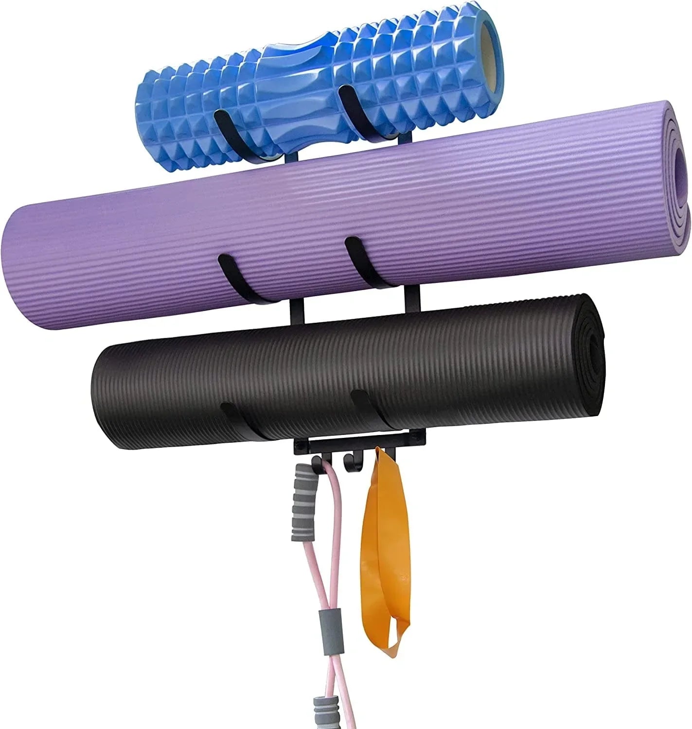 SKOLOO Wall Mount Yoga Mat Rack,Home Gym Accessories Storage Rack for Hanging Foam Rollers & Yoga Mat,3 Hanger Hooks for Resistance Bands or Towels