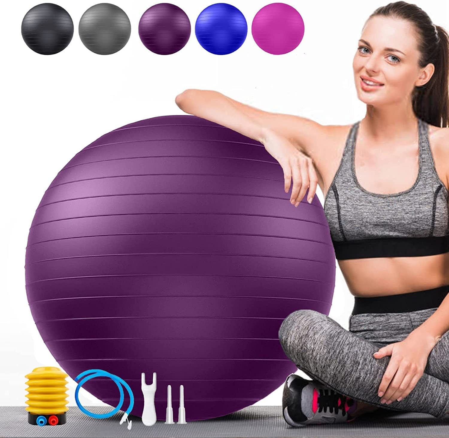 Soft Exercise Ball, Anti-Burst Yoga Ball Chair Supports 2200Lbs, Stability Swiss Ball W/ Pump for Pregnancy Birthing, Excersize, Workout, Fitness, Balance, Gym, Physio, Abs (Office & Home & School)