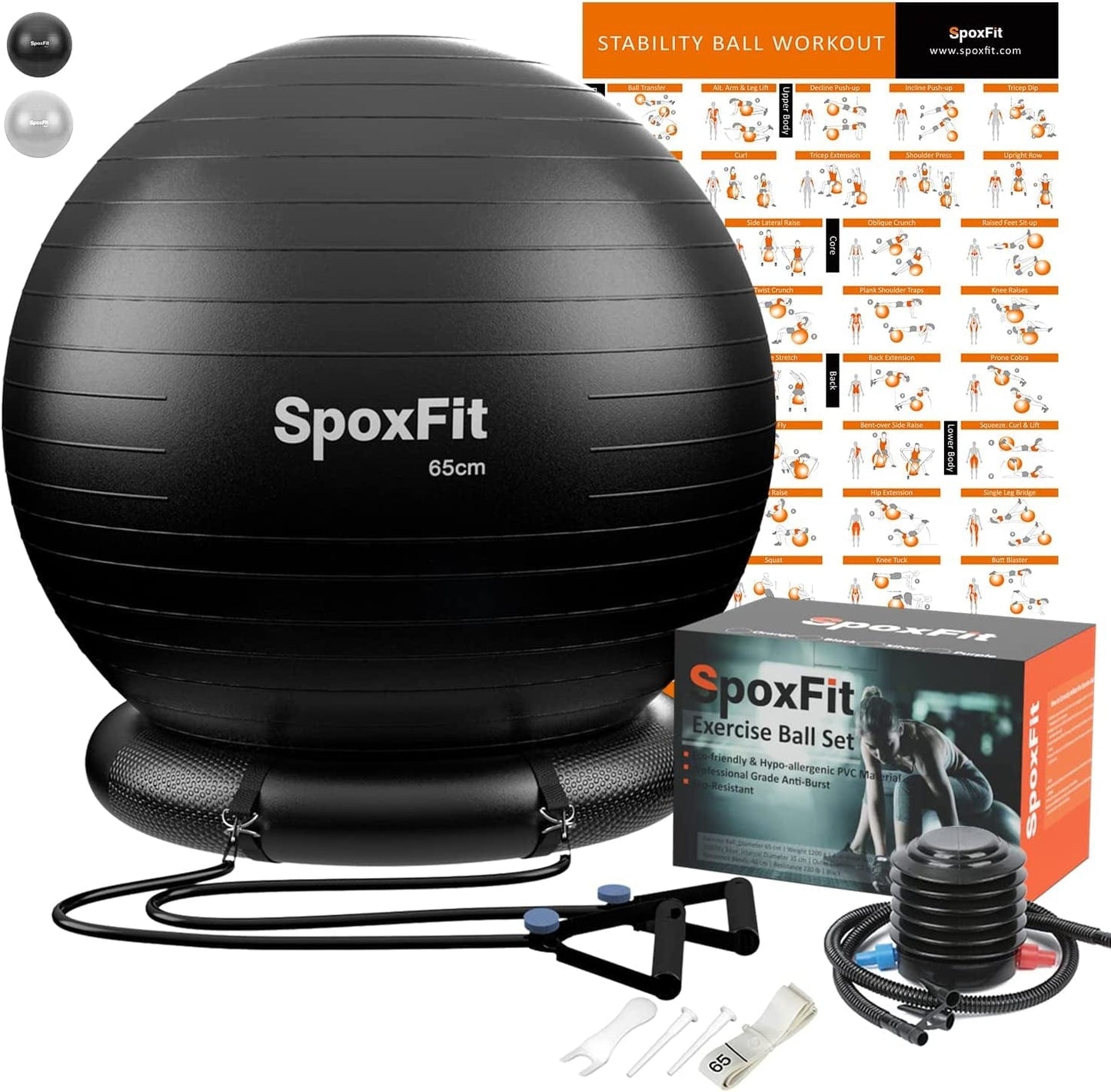 Spoxfit Exercise Ball, 65Cm Anti-Burst Yoga Ball, Stability Fitness Ball for Birthing & Core Strength Training, Includes Quick Pump & Workout Poster