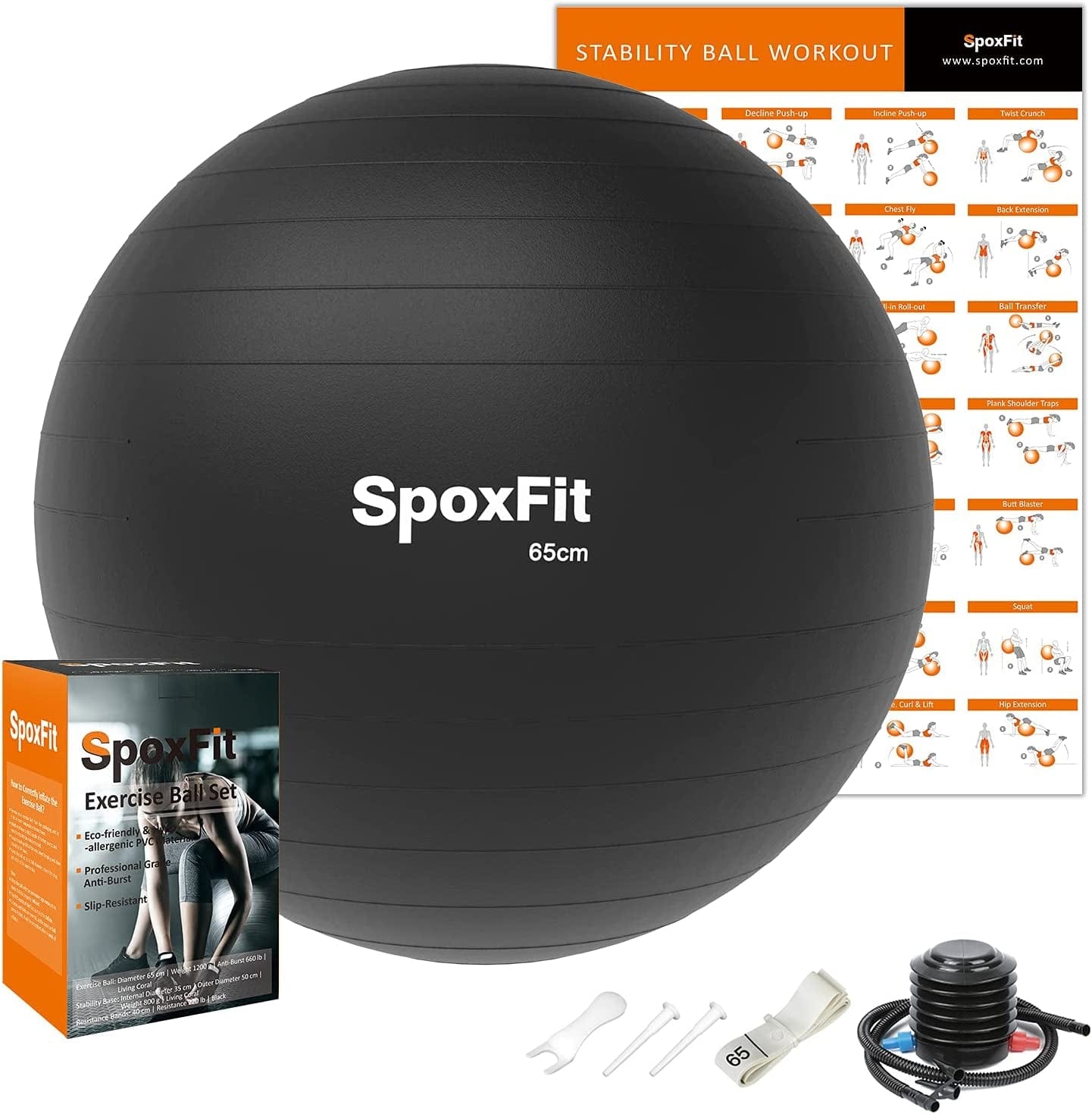 Spoxfit Exercise Ball, 65Cm Anti-Burst Yoga Ball, Stability Fitness Ball for Birthing & Core Strength Training, Includes Quick Pump & Workout Poster