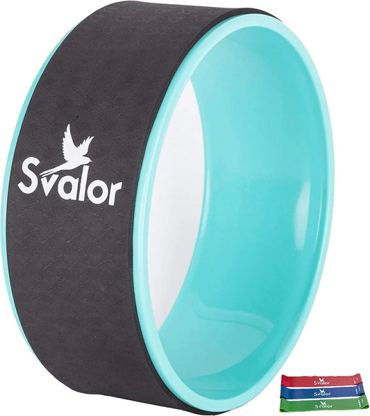 SVALOR Yoga Wheel for Stretching Set with 3 Level Mini Bands - Comfortable Spine Roller Wheel - Back Stretcher Ring for Pain Relief - Dharma Yoga Stretch Circle - Essential Yoga Accessories Equipment