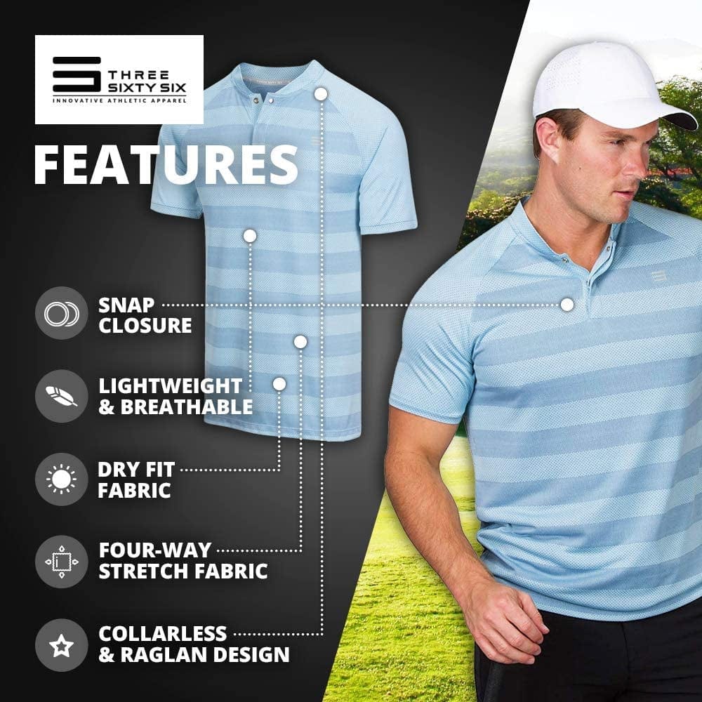 Three Sixty Six Golf Shirts for Men - Dry Fit Collarless Polo Shirts - Lightweight and Breathable, Stripe Design