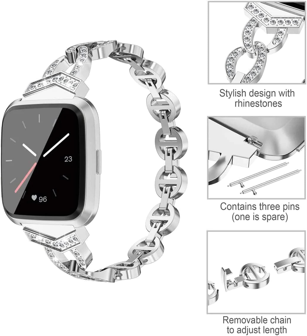 TOYOUTHS Bling Strap Compatible with Fitbit Versa/Versa 2/Versa Lite Special Edition Bands Women Stainless Steel Metal Replacement Bracelet with Diamonds Wristband Accessories Silver