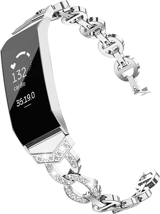 TOYOUTHS Compatible with Fitbit Charge 4 Bands/Charge 3 Bands for Women, Premium Metal Straps Bling Bracelet Wristbands Cute Accessories Replacement Bands for Fitbit Charge 4 Bands for Women, Silver