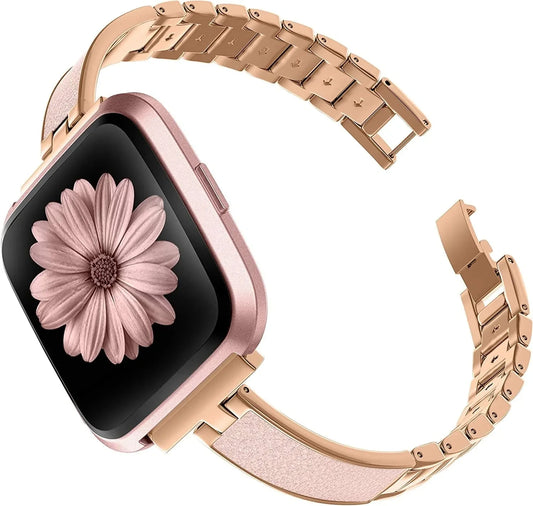 TOYOUTHS Stylish Bracelet Compatible with Fitbit Versa/Versa 2 Bands Women Slim Strap Replacement for Versa Lite Special Edition Stainless Steel Metal+Leather Accessories (Dark Rose Gold+Pink)