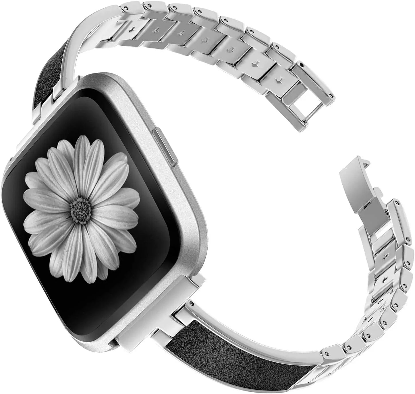 TOYOUTHS Stylish Bracelet Compatible with Fitbit Versa/Versa 2 Bands Women Slim Strap Replacement for Versa Lite Special Edition Stainless Steel Metal+Leather Accessories (Dark Rose Gold+Pink)