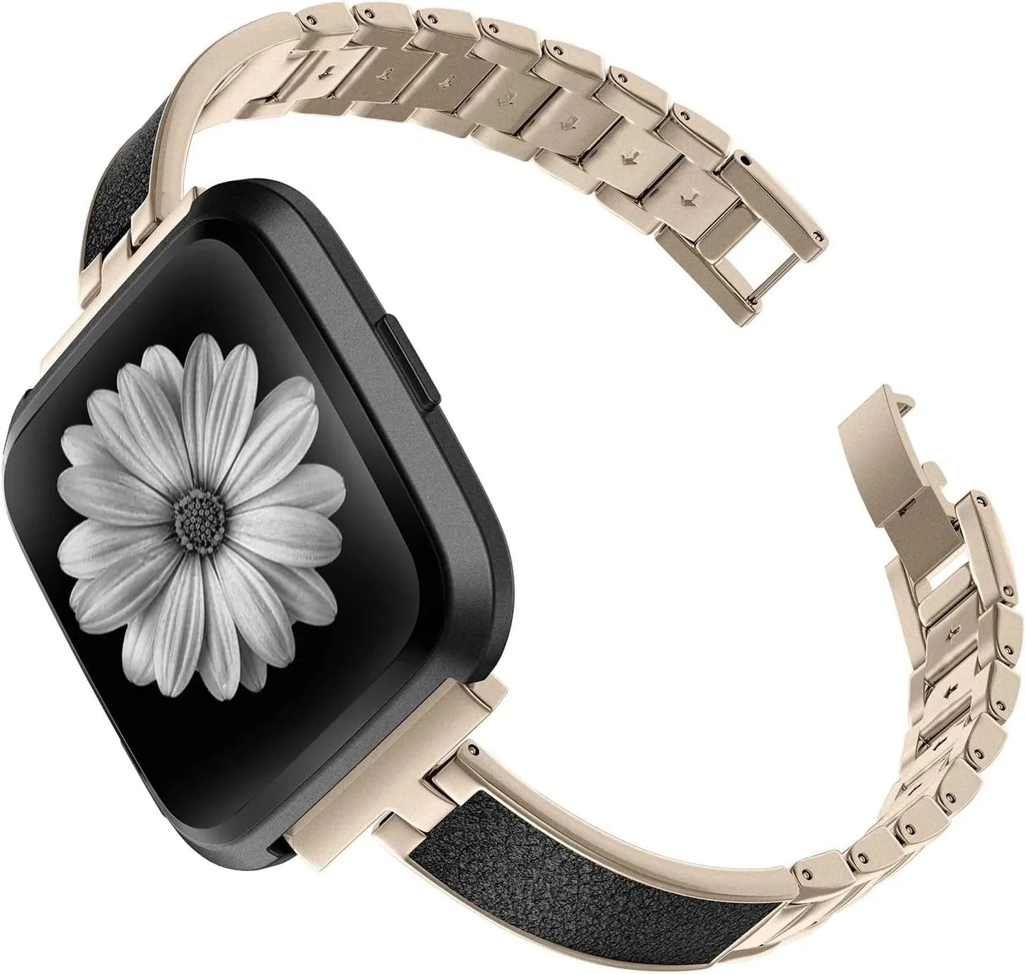 TOYOUTHS Stylish Bracelet Compatible with Fitbit Versa/Versa 2 Bands Women Slim Strap Replacement for Versa Lite Special Edition Stainless Steel Metal+Leather Accessories (Dark Rose Gold+Pink)