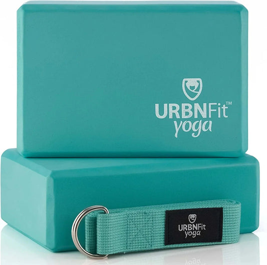 Urbnfit Yoga Blocks 2 Pack - Sturdy Foam Yoga Block Set with Strap for Exercise, Pilates Workout, Stretching, Meditation, Stability - High Density Non Slip Brick, Fitness Accessories