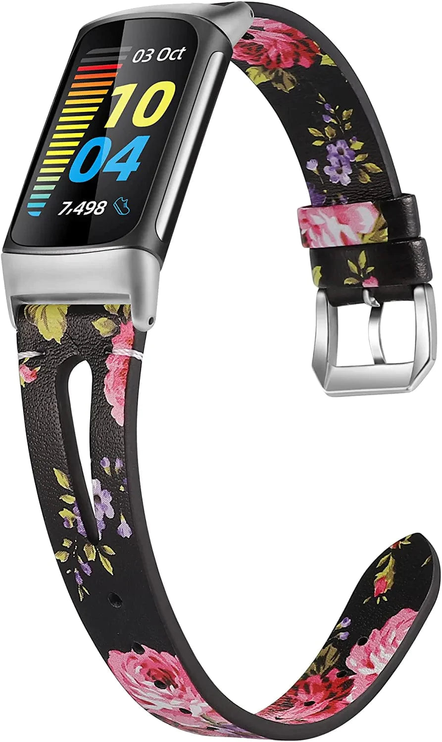 Wearlizer Compatible with Fitbit Charge 5 Bands for Women Men, Slim Leather Band Thin Watch Replacement Strap Wristband Accessories for Charge 5, Black