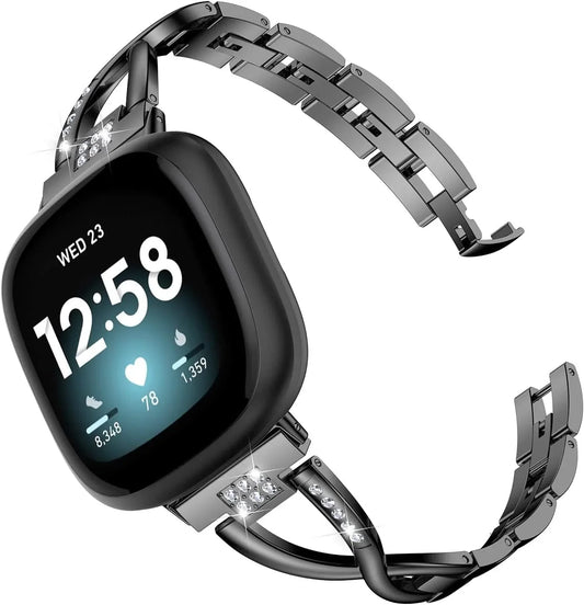 Wearlizer Compatible with Fitbit Sense/Fitbit Versa 3 Bands for Women Dressy Metal Wristbands Strap Accessory Bling Rhinestone Bracelet Band for Fitbit Sense/Versa 3 Smartwatch, Black