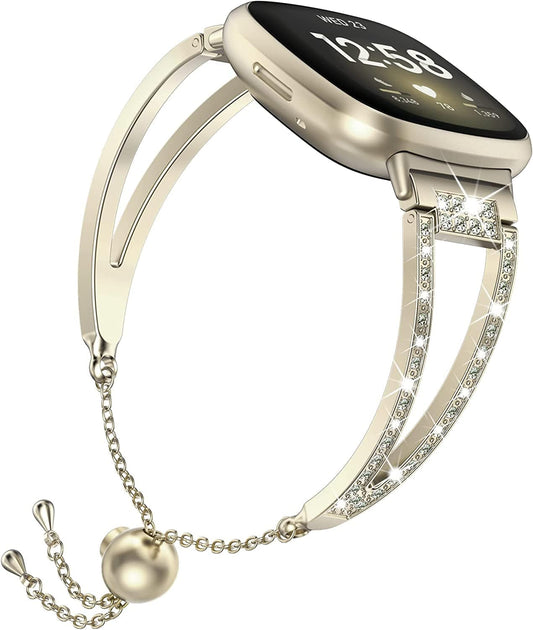 Wearlizer Compatible with Fitbit Versa 3/Fitbit Sense Bands for Women, Dressy Metal Wristbands Strap Accessories Bling Rhinestone Bracelet Watch Band for Versa 3/Sense, Soft Gold