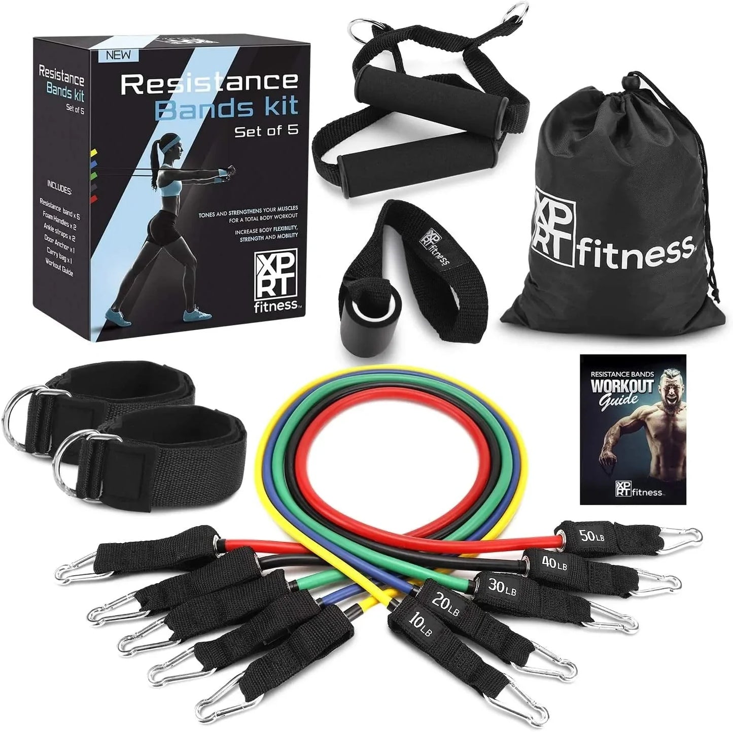 XPRT Fitness Resistance Bands Set - Home Fitness Accessories with Handles, Door Anchor and Elastic Ankle Straps - All Exercise Levels for Arms, Legs, Shoulders, Chest, Butt and Glute - Set of 5