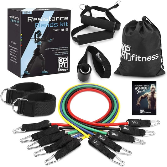 XPRT Fitness Resistance Bands Set - Home Fitness Accessories with Handles, Door Anchor and Elastic Ankle Straps - All Exercise Levels for Arms, Legs, Shoulders, Chest, Butt and Glute - Set of 5