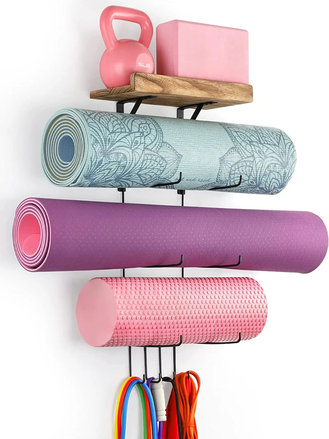Yoga Mat Holder Accessories Wall Mount Organizer Storage Decor Foam Roller and Towel Storage Rack with 4 Hooks and Wooden Shelves Yoga Mats Rack Resistance Bands for Home Gym School Office