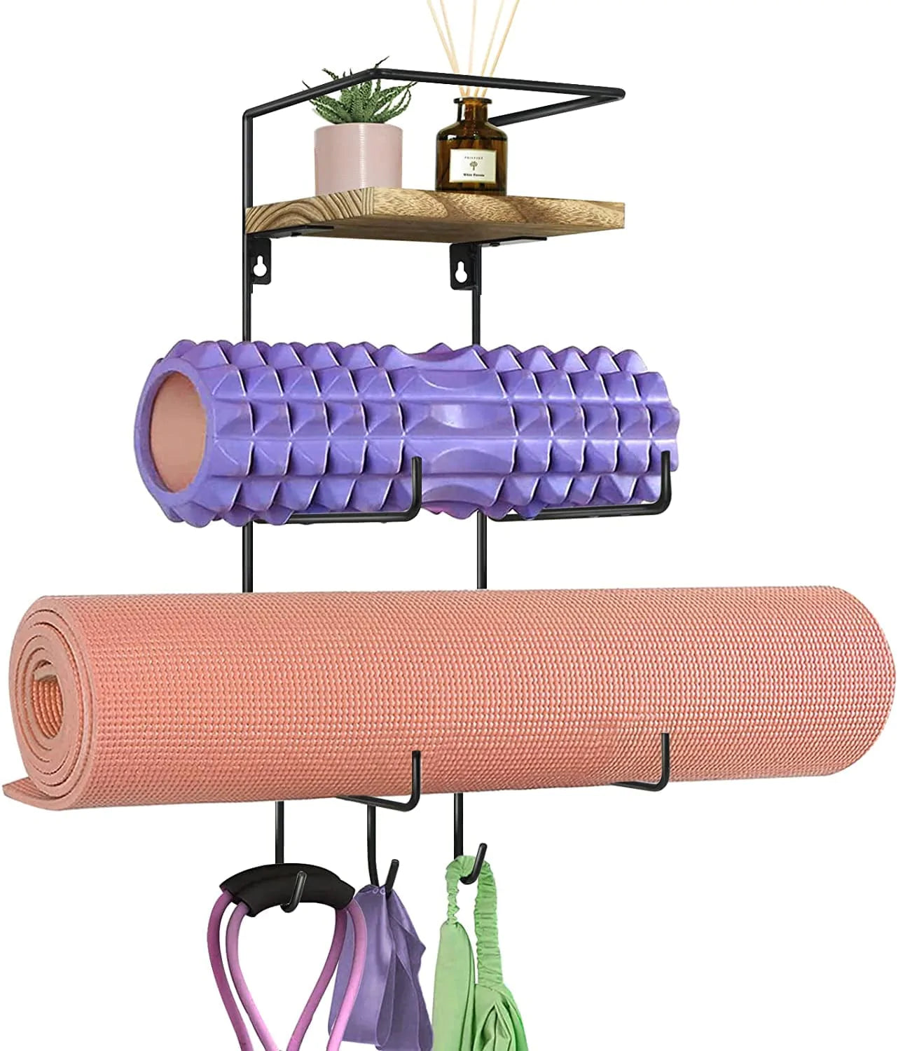 Yoga Mat Holder Wall Mount, Yoga Mat Storage Rack for Home Gym Accessories Organizer with Wood Floating Shelves and 3 Hooks for Hanging Foam Roller, Resistance Bands and Towel