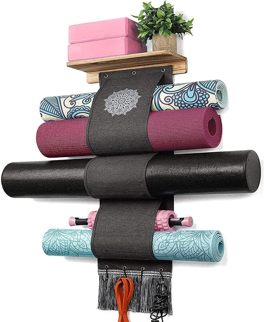 Yoga Mat Holder Wall Mount Yoga Mat Storage Rack with 3 Sizes Pocket Wood Floating Shelves and 4 Hooks for Hanging Foam Roller Yoga Mats Yoga Block Home Gym Accessories