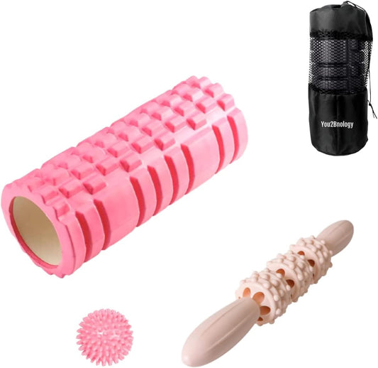 You2Bnology 4-In-1 Foam Roller Kit for Deep Tissue Massage, 33Cm Muscle Roller Stick and Massage Ball for Physical Therapy Pain Relief Myofascial Release Balance Exercise (Pink)
