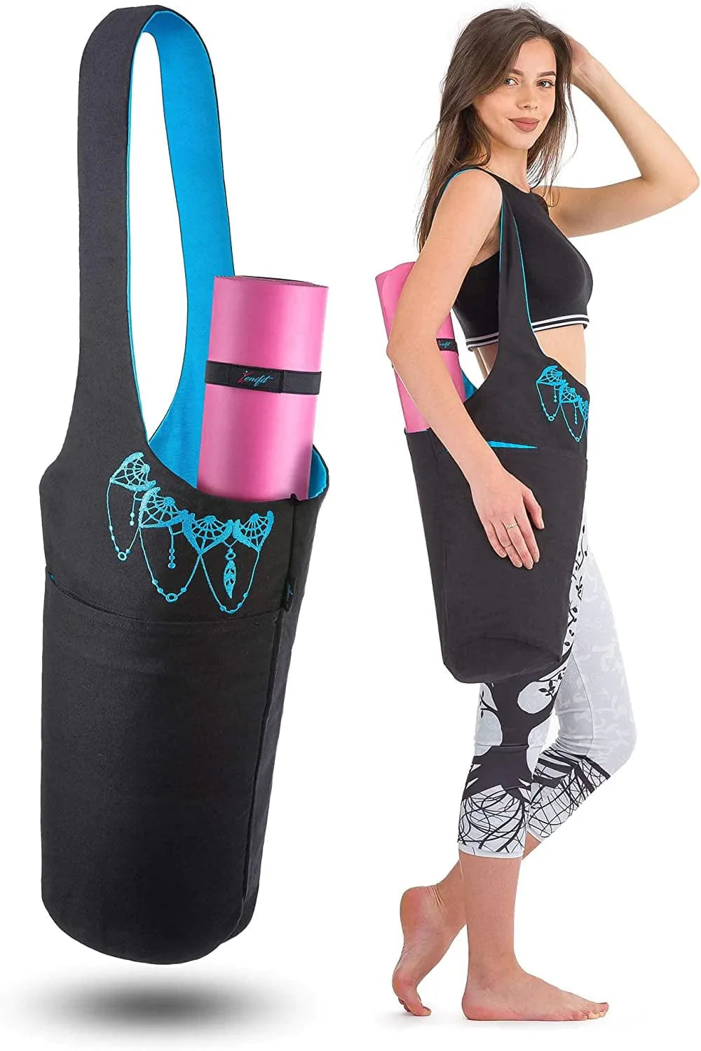 Zenifit Yoga Mat Bag - Long Tote with Pockets - Holds More Yoga Accessories. Cute Yoga Mat Holder with Bonus Yoga Mat Strap Elastics. Stylish and Practical Yoga Mat Bags and Carriers for Women