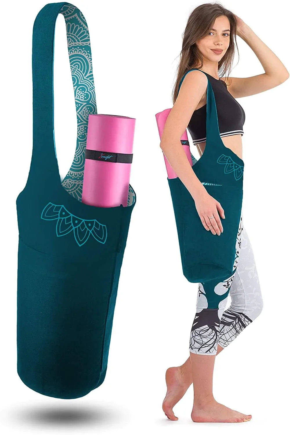 Zenifit Yoga Mat Bag - Long Tote with Pockets - Holds More Yoga Accessories. Cute Yoga Mat Holder with Bonus Yoga Mat Strap Elastics. Stylish and Practical Yoga Mat Bags and Carriers for Women